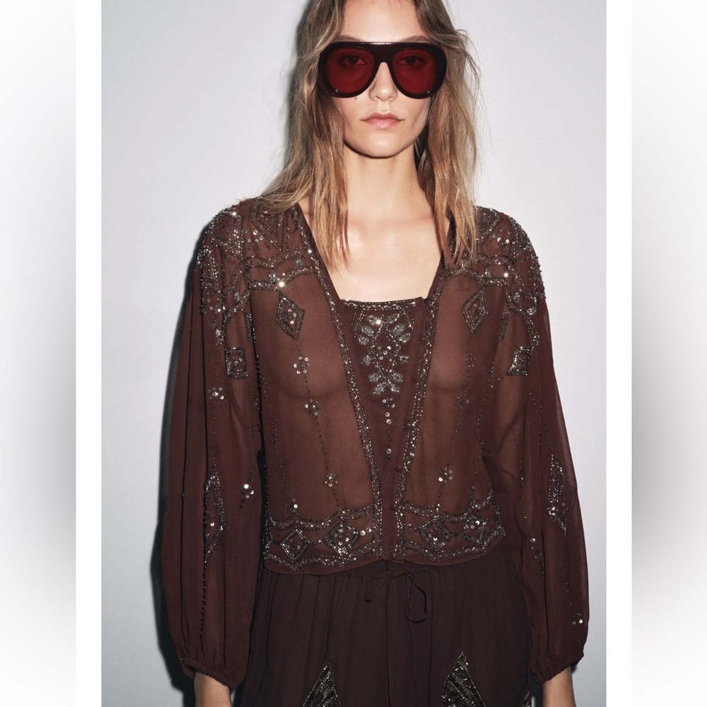 Zara Georgette Beaded Embroidered Brown Sheer Women's Blouse